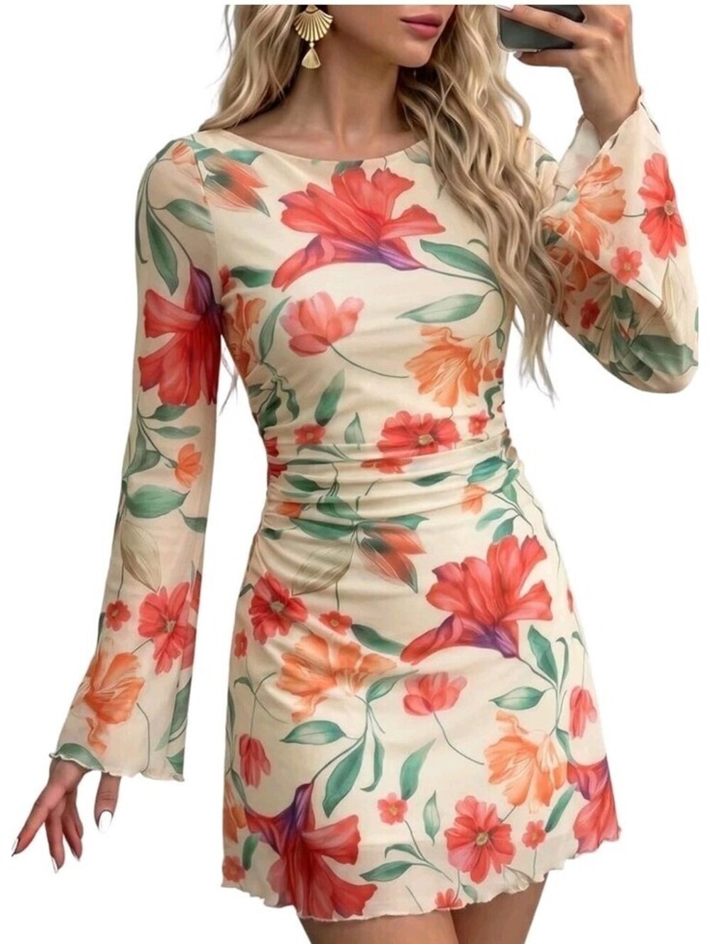 Dokotoo Womens Floral Mesh Mini Dress Large L Bell Sleeve Ruched Bodycon NWT